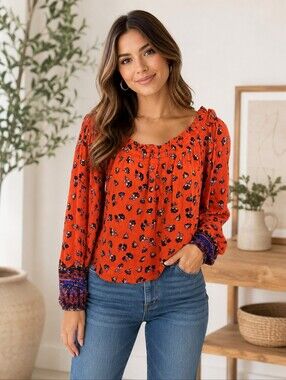 Chloe & Katie XS Boho Vibrant Orange Floral Smocked Adjustable Shoulder Blouse